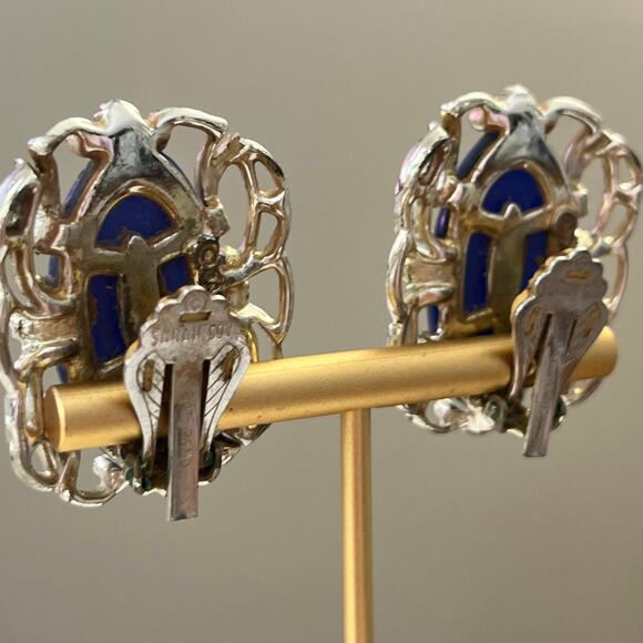 1960 Vintage Sarah Coventry Carousel Blue Cabochon with Silver Clip Earrings - Picture 6 of 7